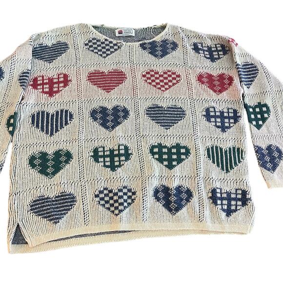 Vintage 90s Patterned Knit Hearts Cottage Sweater Made in USA-XL - Picture 3 of 5